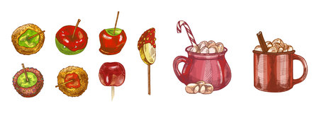Set of hand drawn vintage candy apples, chocolate banana and hot cocoa mugs with marshmallow in colored version, tasty sweet desserts and drinks for Christmas and winter holiday celebrationのイラスト素材