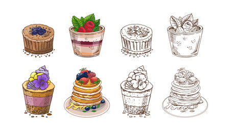 Hand drawn vintage dessert set including cupcakes, parfaits and pancakes with berries shown in color and monochrome version. Perfect for bakery branding, cafe menu design and sweet packaging illustrations.のイラスト素材