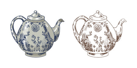 Hand drawn vintage set featuring ornate teapots decorated with floral ornaments. Includes blue and monochrome brown versions. Perfect for tea shop design, cafe menu, packaging, textile pattern and vintage decor projects.のイラスト素材