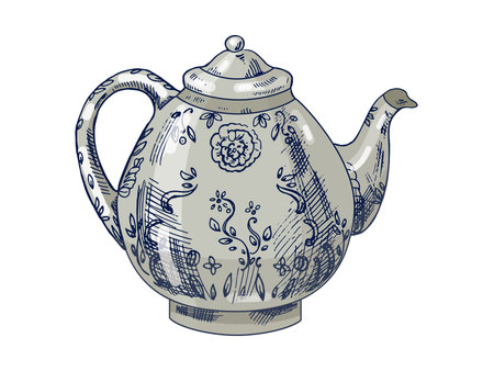 Hand drawn vintage sketch of elegant porcelain teapot with delicate floral decoration in blue color. Perfect for tea shop design, packaging, cafe menu, textile pattern, or traditional kitchen illustration.のイラスト素材