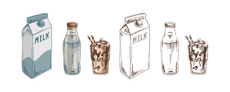 Hand drawn vintage dairy drink set featuring a milk carton, glass bottle and chocolate milkshake with straws. Detailed textured illustration suitable for food projects, packaging and kitchen themed designs.のイラスト素材