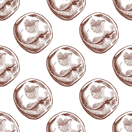 Set of seamless vector patterns with red apples in hand drawn vintage engraving style. Includes both color and monochrome versions. Great for autumn, Thanksgiving, kitchen decor, packaging, wrapping paper and fabric prints.のイラスト素材