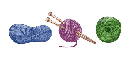 Vector illustration of colorful yarn balls with knitting needles. Hand drawn vintage style in green, purple and blue colors. Perfect for craft, handmade, hobby and textile projects.のイラスト素材