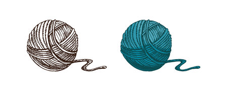 Vector illustration of hand drawn yarn balls in color and monochrome. Turquoise thread with tail. Perfect for knitting designs, handmade crafts, textile decor, logo, and DIY themes.のイラスト素材