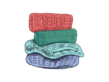 Color illustration of stacked knitted clothes in hand drawn vintage style. Folded warm sweaters and cozy wool garments for winter design, fashion prints, packaging, and seasonal textile projects.のイラスト素材