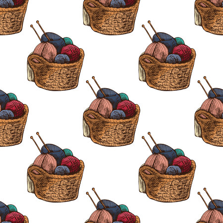 Hand drawn vintage seamless pattern featuring wicker baskets filled with yarn balls and knitting needles. Cozy knitting and handmade craft theme suitable for textile, fabric, and creative designs.のイラスト素材