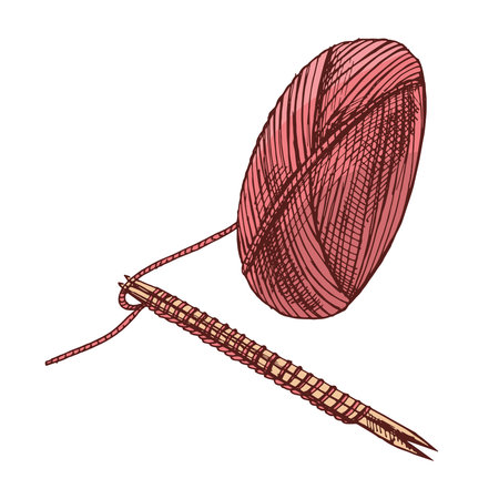 Colored vector illustration of a pink yarn ball with attached wooden knitting needles in hand drawn vintage engraving style, perfect for craft and DIY themed designs.のイラスト素材