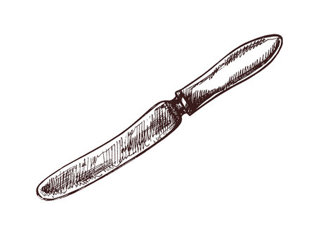 Vintage hand drawn sketch of a classic table knife in brown ink style. Detailed vector engraving for culinary, restaurant or retro kitchen design projects.のイラスト素材
