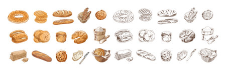 Hand drawn vintage bakery mega set with bread pastries and baked goods. Includes color and...