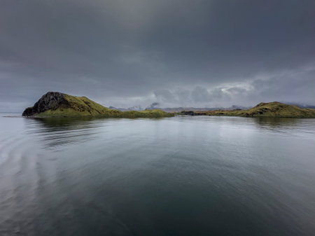 Beautiful sea and landscape at Stromness Harbour on South Georgia Island in Antarcticaの写真素材