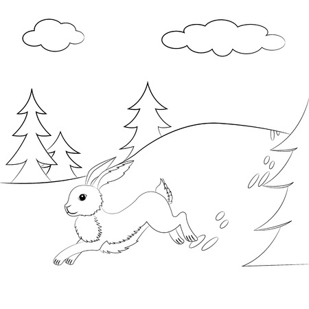 Outlined Illustration with running hare in the forest for children's coloring books.のイラスト素材