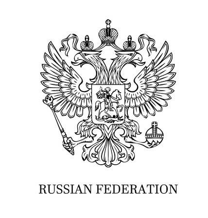 The illustration of outlined coat of arms of Russian Federation with two-headed eagle. Black and white.のイラスト素材