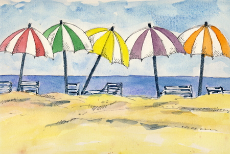 Umbrellas at the beach - watercolor and indian inkの写真素材