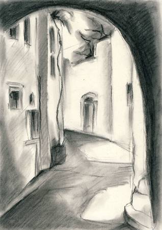 Village in Cyclades, Greece - Charcoal drawing on locationの写真素材