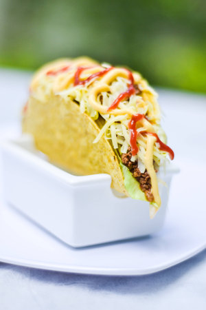Delicious mexican taco With many types of saucesの写真素材