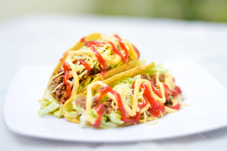 Delicious mexican taco With many types of saucesの写真素材