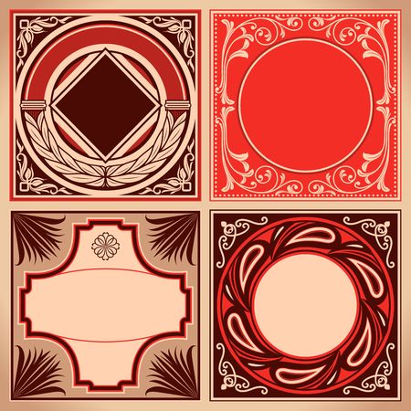 Vintage red and brown labels set. Retro cards and ornate framework. Vector corner decoration.のイラスト素材