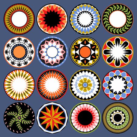 Set of colorful geometric ornate shields. Vector round decoration for projects.のイラスト素材