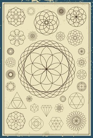 Vector collection of primitive geometric shapes, wireframe elements and circular objects.のイラスト素材