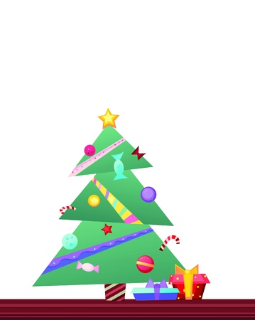 image of bright and pretty Christmas tree decorated with colorful spheres, candies, garlands, candy canes and stars with bright present boxes standing near fur tree on textured floorのイラスト素材