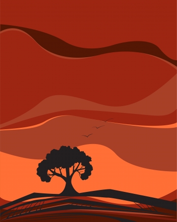 Vector image of single tree black silhouette growing on dry black and brown soil against sunset sky of orange, red and brown color with three birds flying high in the skyのイラスト素材