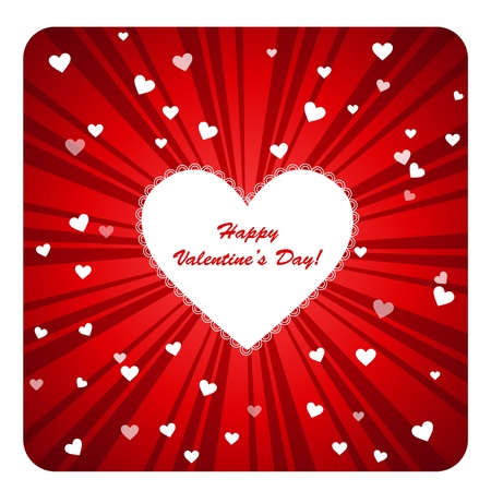 Clip art illustration post card with colorful Happy Valentine Day greetings showing white heart with ruffles in the center against burst dark and light red background and small hearts aroundのイラスト素材