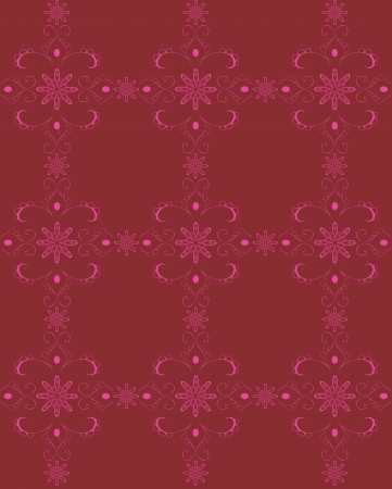 Seamless wallpaper vector illustration retro style pattern background with floral elements, scrolls and flowers made into squares, claret red and pink colorsのイラスト素材