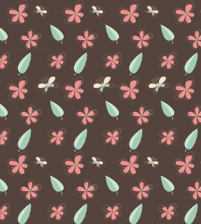 Retro vector seamless floral pattern on brown background with pink flowers, green leaves and colorful butterflies with sketchy hand drawn linesのイラスト素材