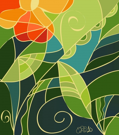 Vector illustration of stained glass background with orange flowers, light and dark green leaves and swirlsのイラスト素材