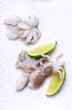 Fresh baby octopus being pickled with lime slices on a white plate. On the table, still life, copy spaceの写真素材