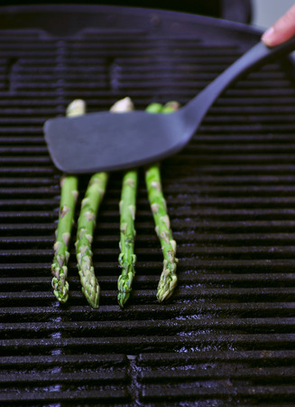Fresh green asparagus cooked on grill. Copy spaceの写真素材