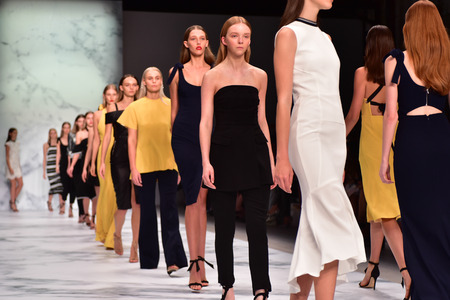 SYDNEY / AUSTRALIA - 16 May: Models walk at finale on runway during Rebecca Vallance female fashion collection during Mercedes Benz Fashion Week Australia on 16 May 2016 in Carriageworks Sydneyのeditorial素材