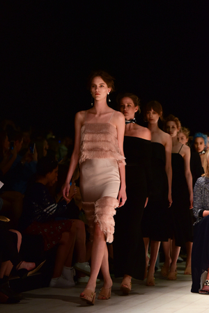 SYDNEY / AUSTRALIA - 18 May: Models walk finale on runway during C/Meo Collective female fashion collection during Mercedes Benz Fashion Week Australia on 18 May 2016 in Carriageworks Sydneyのeditorial素材