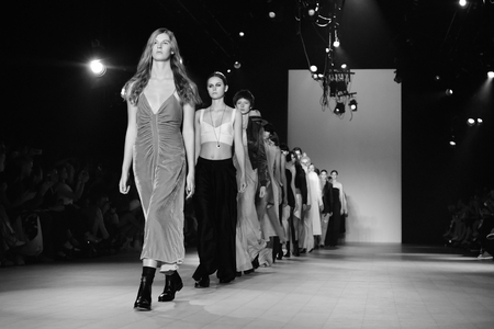 SYDNEY / AUSTRALIA - 17 May: Models walk finale on runway during Bianca Spender female fashion collection during Mercedes Benz Fashion Week Australia on 17 May 2016 in Carriageworks Sydneyのeditorial素材