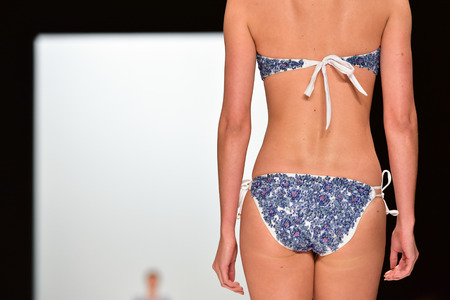 SYDNEY / AUSTRALIA - MAY 19: Model walks runway during AQUA BLU swimwear collection fashion show Mercedes Benz Fashion Week Australia on 19 May 2016 in Carriageworks in Sydneyのeditorial素材