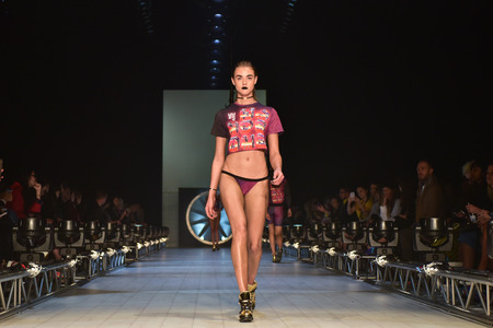 SYDNEY / AUSTRALIA - MAY 19: Model walks runway during We Are Handsome fashion show Mercedes Benz Fashion Week Australia on 18 May 2016 in Carriageworks in Sydneyのeditorial素材