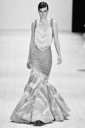 SYDNEY / AUSTRALIA - 20 May: Model walks on runway during Jessica Van show at The Innovators fashion design studio during Mercedes Benz Fashion Week Australia on 20 May 2016 in Carriageworks Sydneyのeditorial素材