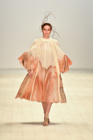 SYDNEY / AUSTRALIA - 20 May: Model walks on runway during Jessica Van show at The Innovators fashion design studio during Mercedes Benz Fashion Week Australia on 20 May 2016 in Carriageworks Sydneyのeditorial素材