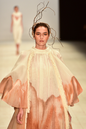 SYDNEY / AUSTRALIA - 20 May: Model walks on runway during Jessica Van show at The Innovators fashion design studio during Mercedes Benz Fashion Week Australia on 20 May 2016 in Carriageworks Sydneyのeditorial素材