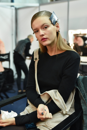 SYDNEY / AUSTRALIA - 20 May: A couple of models get ready at backstage of House of Cannon fashiob show at Mercedes Benz Fashion Week Australia on 20 May 2016 in Carriageworks Sydneyのeditorial素材