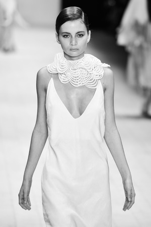 SYDNEY / AUSTRALIA - 20 May: Model walks on runway during Jessica Van show at The Innovators fashion design studio during Mercedes Benz Fashion Week Australia on 20 May 2016 in Carriageworks Sydneyのeditorial素材