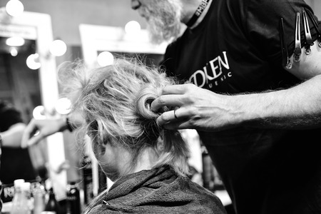 SYDNEY / AUSTRALIA - 20 May: Models stylists and makeup artists get prepared for show before Raffles International Showcase at Mercedes Benz Fashion Week Australia on 20 May 2016 in Carriageworks Sydneyのeditorial素材
