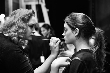 SYDNEY / AUSTRALIA - 20 May: Models stylists and makeup artists get prepared for show before Raffles International Showcase at Mercedes Benz Fashion Week Australia on 20 May 2016 in Carriageworks Sydneyのeditorial素材