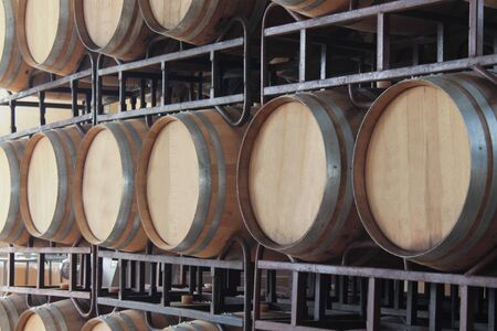 Wine barrels in warehouse cellarの写真素材