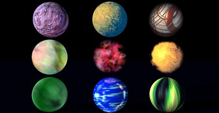 Nine balls of various colors on a black bottom