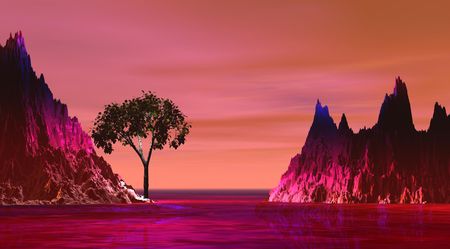 island and tree pink and greenの写真素材