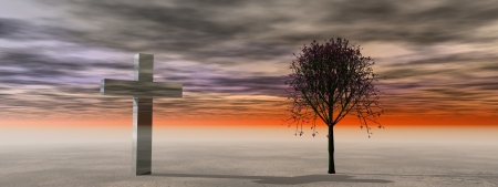 cross and tree and skyの写真素材