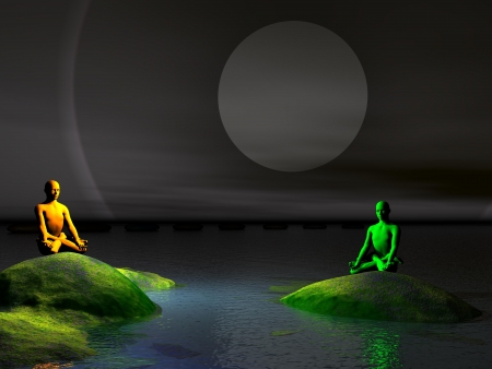 moon grey and men yellow and greenの写真素材