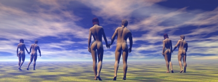 men and women and skyの写真素材