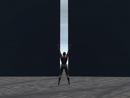 A man in front of the crack wallの写真素材